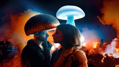A digital artwork depicting a couple facing each other in an apocalyptic, fiery setting, with the man wearing a large, glowing mushroom cap and the woman wearing a blue jellyfish-like cap.