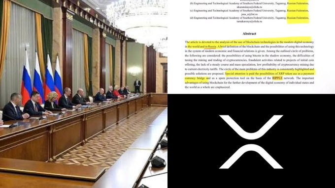 The image features a split layout showing Russian government officials seated at a long conference table with Russian flags in the background, alongside an academic paper abstract from the Engineering and Technological Academy of Southern Federal University highlighting the XRP token's potential as a "payment currency bridge."

The highlighted text in the abstract directly supports the accompanying post's claim that the Russian government is studying XRP's role in cross-border payments, with the $190 trillion global payments opportunity referenced as the potential market for this technology.