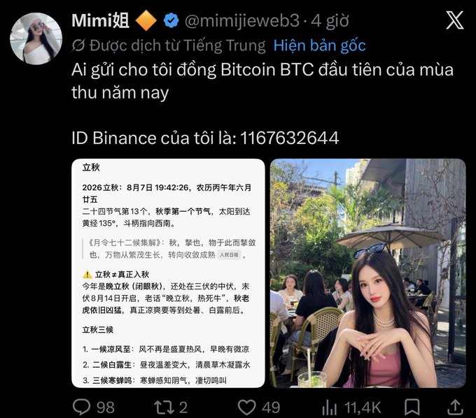 A Twitter/X post by 'Mimi姐' (@mimijieweb3) with 11.4K views asks who will send her the first Bitcoin BTC of autumn, sharing her Binance ID: 1167632644.