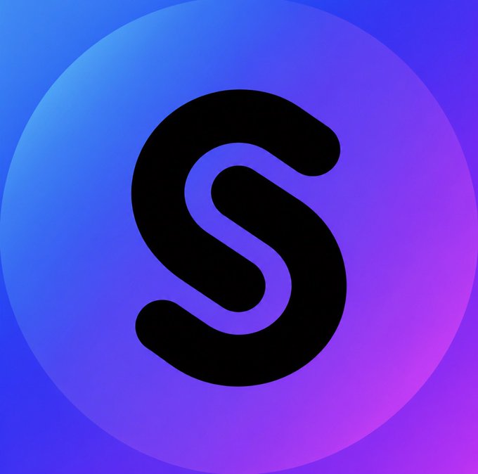 The image displays a stylized black letter "S" logo centered on a circular gradient background transitioning from blue to purple, which serves as the branding for the cryptocurrency project mentioned in the post about its impressive early metrics.