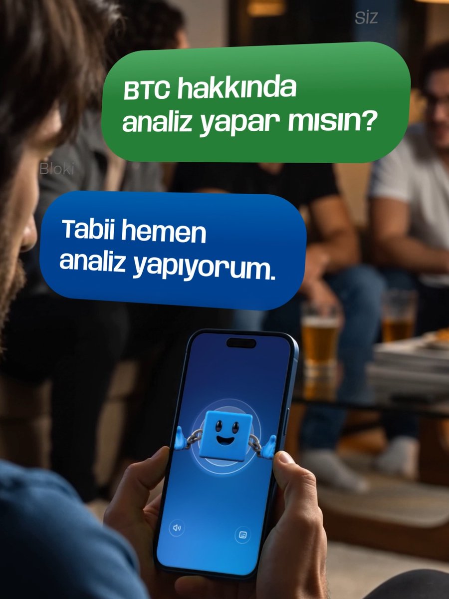 A person holds a smartphone displaying the Bloki app's smiling blue mascot character, with overlaid chat bubbles reading "BTC hakkında analiz yapar mısın?" (Would you analyze BTC?) and "Tabii hemen analiz yapıyorum" (Of course, analyzing right now). The image illustrates Bloki's crypto analysis feature, showing how users can quickly request and receive BTC analysis directly through the app to inform their trading decisions.