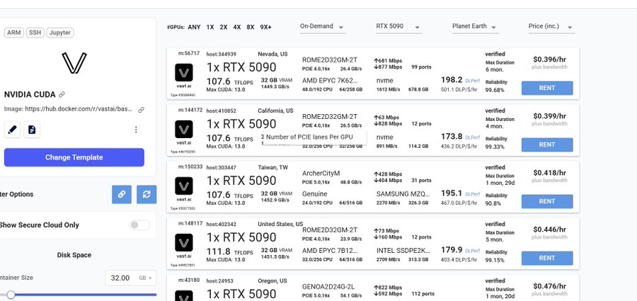 A Vast.ai rental interface showing multiple listings for '1x RTX 5090' GPU machines across various global locations like Nevada, California, Taiwan, and Oregon, with pricing starting at $0.396/hr.