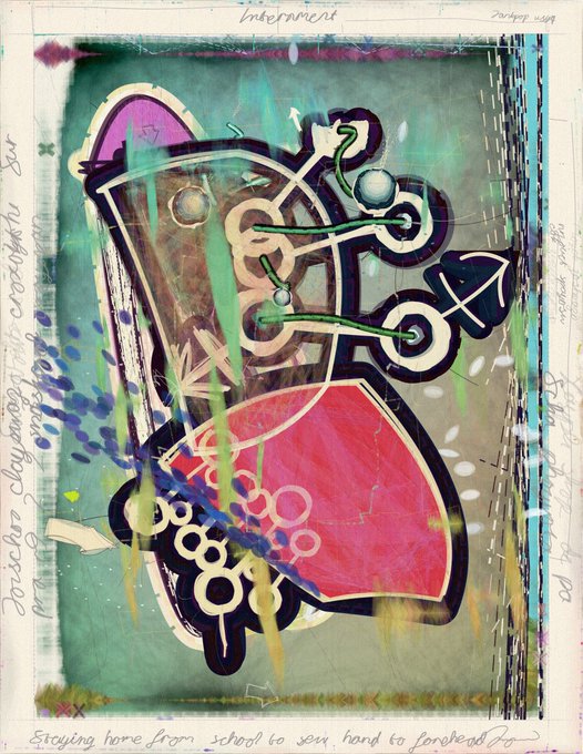 An abstract mixed-media artwork featuring a central figure with green and pink/magenta shapes, circuit-like patterns, and handwritten text along the edges including 'Internment' and 'Staying home from school to sew band to forehead'.