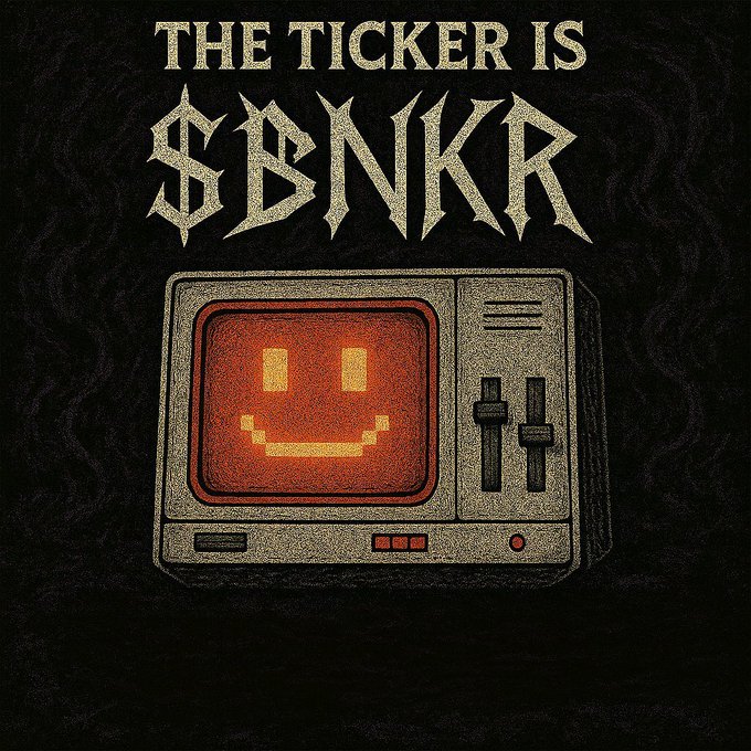 A graphic poster with the text 'THE TICKER IS $BNKR' in stylized gothic lettering above an illustration of a retro computer monitor displaying a glowing orange smiley face.