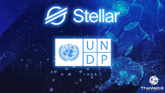 A digital graphic features the "Stellar" logo and text alongside the "UNDP" (United Nations Development Programme) emblem, set against a blue blockchain-themed background with a wireframe globe. The image visually represents the partnership between Stellar ($XLM) and the UNDP, aligning with the post's theme of exploring their historical collaboration.
