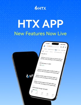 A promotional graphic for HTX with a blue background displaying the text "HTX APP" and "New Features Now Live," featuring a smartphone showing a financial news or stock information interface. The image directly supports the post by visually showcasing the updated HTX mobile app where users can access market research and trading tools in one place, including the newly mentioned "Company" tab for financial reports and shareholder information.