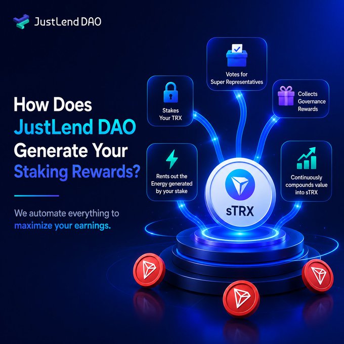 A promotional infographic from JustLend DAO explains how staking rewards are generated through a central sTRX hub, highlighting four automated processes: staking TRX, voting for Super Representatives, collecting governance rewards, and continuously compounding value into sTRX, while also utilizing the energy from stakes for rentals.