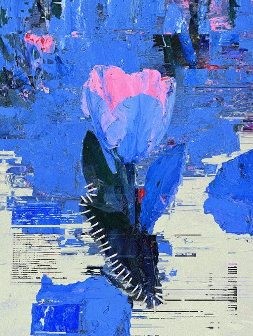 Abstract glitch-style painting showing a pink and blue tulip-like flower emerging from a dark vase, rendered with pixelated horizontal bands of blue, grey, and white.