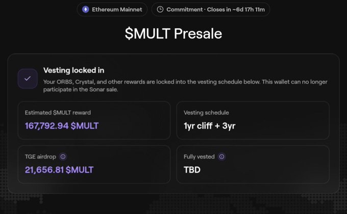 Screenshot of '$MULT Presale' interface on Ethereum Mainnet showing a 'Vesting locked in' status, with an estimated $MULT reward of 167,792.94 $MULT, a 1yr cliff + 3yr vesting schedule, and a TGE airdrop of 21,656.81 $MULT.