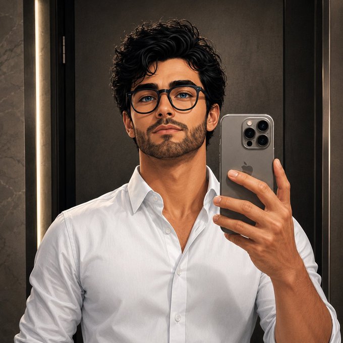 A handsome man with curly dark hair, a beard, and black-rimmed glasses takes a mirror selfie in a white button-up shirt while holding a gray iPhone.