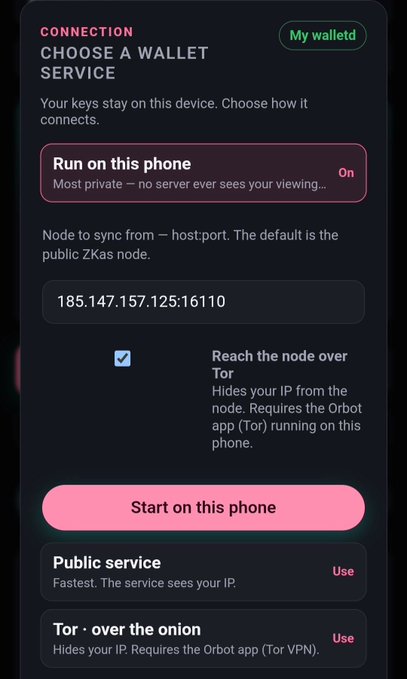 A mobile app screen titled 'CHOOSE A WALLET SERVICE' shows connection options including 'Run on this phone' (set to On), 'Public service', and 'Tor over the onion', with a 'My walletId' badge.