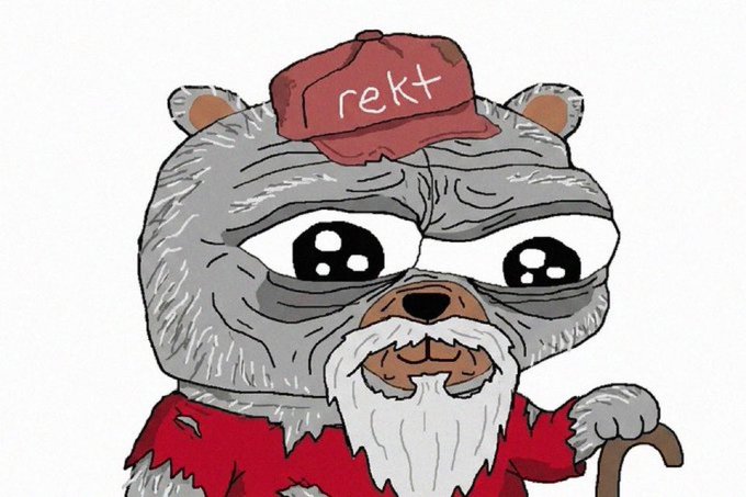 A cartoon gray bear with a white beard, red shirt, and red "rekt" cap holds a cane with large sad eyes. The sad "rekt" bear meme symbolizes financial losses, fitting the poster's ongoing meme campaign aimed at boosting $BOBO to a 1B market cap.