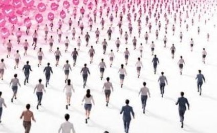 An illustration showing a large crowd of people walking, with pink speech bubble icons floating above them in the background.