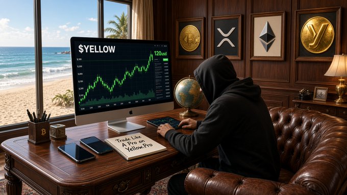 A hooded figure in a black hoodie sits at a wooden desk trading, with $YELLOW displayed on the monitor showing a rising green chart, alongside crypto symbols including Bitcoin, XRP, and Ethereum on the wall, and a notebook reading 'Trade Like A Pro on YellowPro'.