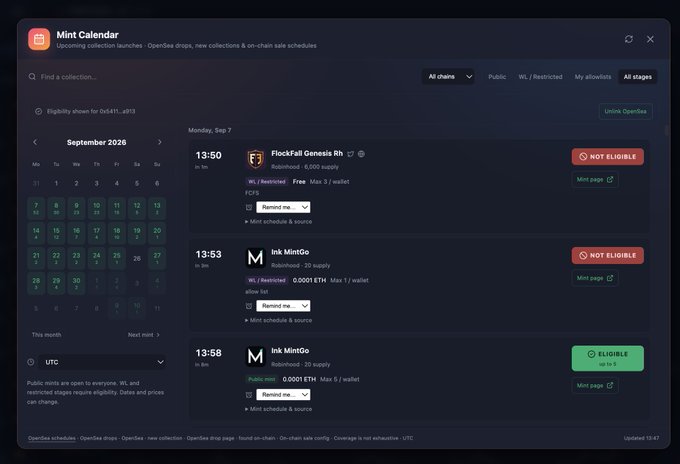 A screenshot of a 'Mint Calendar' interface showing upcoming NFT/Token collection launches including 'FlockFall Genesis Rb' and multiple 'Ink MintGo' entries with eligibility statuses.