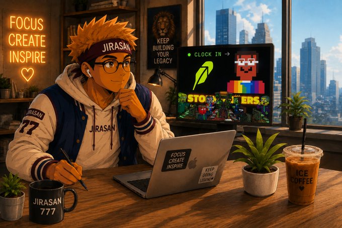 An anime-style illustration of a young man with spiky orange hair wearing glasses and a 'JIRASAN 777' jacket, working on a laptop in a room with 'FOCUS CREATE INSPIRE' neon signage, a 'KEEP BUILDING YOUR LEGACY' poster, and a monitor displaying 'STORY TELLERS'.