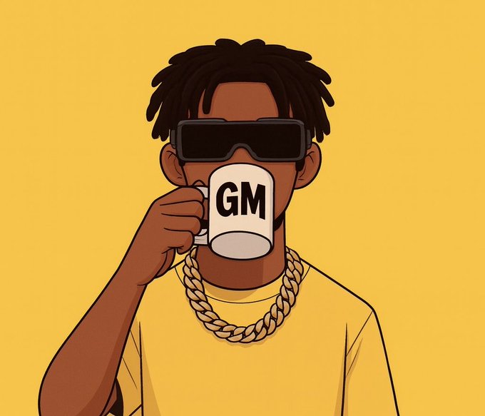 A cartoon illustration shows a person with dreadlocks wearing dark sunglasses, a gold chain, and a yellow shirt, drinking from a white mug labeled "GM." The image's "GM" mug and casual vibe match the post's upbeat "GM CT and Happy Tuesday" greeting, which kicks off the day's discussion about Sleepagotchi's evolving approach to AI-driven sleep tracking.