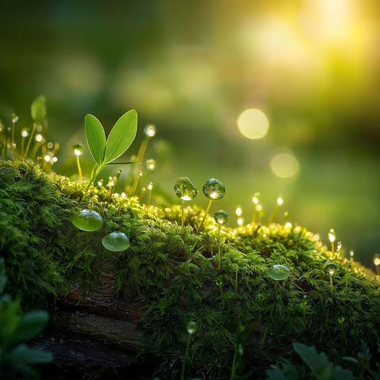 A young sprout with dew-covered leaves emerges from lush moss bathed in warm golden light, symbolizing growth and new beginnings. The image evokes a fresh "gm" (good morning) greeting, aligning with the hopeful and vibrant spirit of the post tagging @NomismaNetwork.