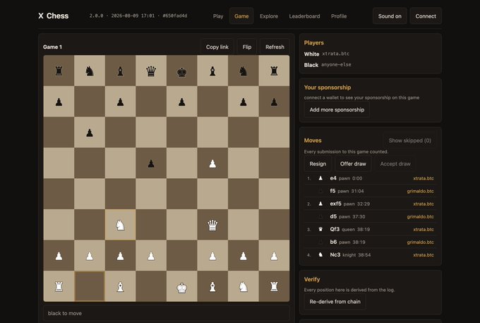 A screenshot of an online chess game on X Chess, showing a mid-game position with players 'xtrato.btc' (White) and 'anyone-else' (Black) and a move list.
