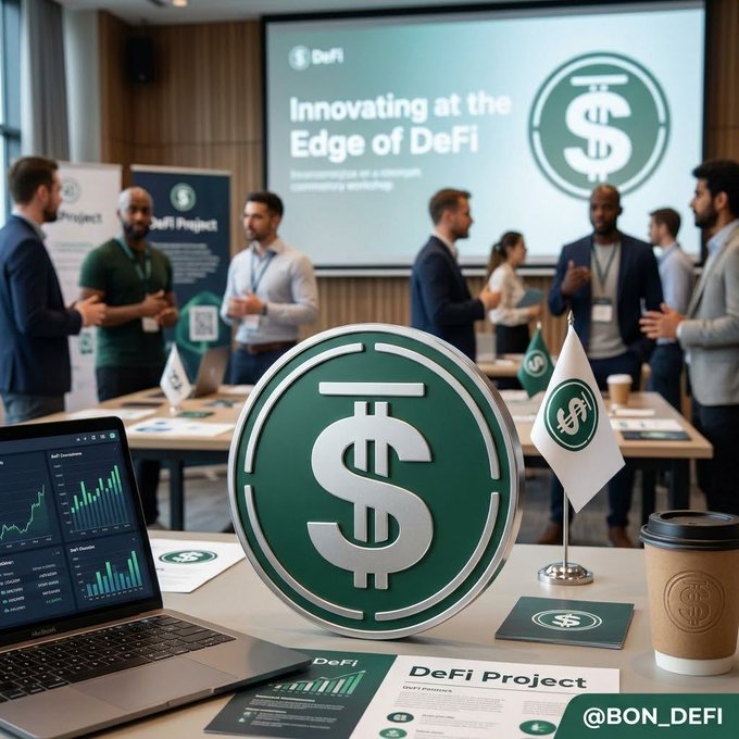 A promotional image for a DeFi project event titled 'Innovating at the Edge of DeFi,' featuring people networking in a conference room, a prominent green dollar sign emblem, and the handle '@BON_DEFI'.