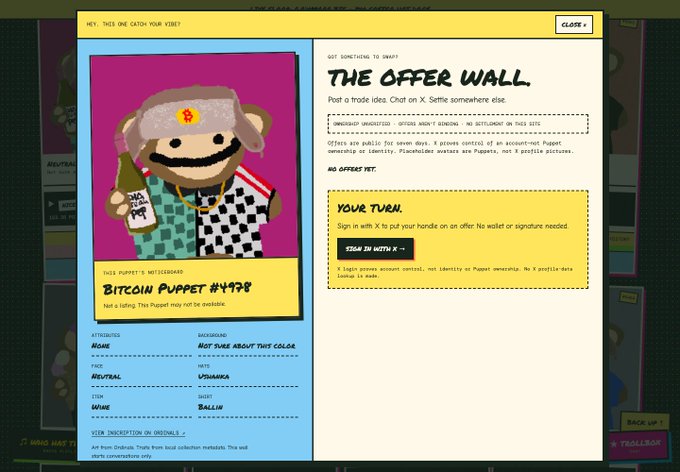A digital 'Offer Wall' interface featuring 'Bitcoin Puppet #4978' from Ordinals, showing attributes like 'NEUTRAL' face, 'WINE' item, and 'UTAHARKA' note, with text reading 'THIS PUPPET'S METADATA: Not sure about this collar' and a 'SIGN ON WITH X' button.