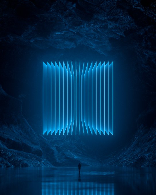 A lone figure stands in a dark, rocky cavern gazing up at a glowing blue square formation of vertical light beams suspended in the air.