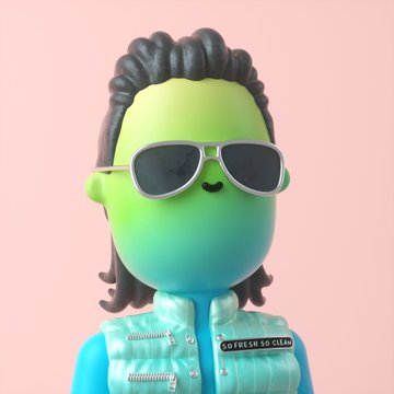 A 3D-rendered character with a smooth gradient face (green to blue), braided dark hair, and sunglasses, wearing a teal jacket with a 'SO FRESH SO CLEAN' patch.