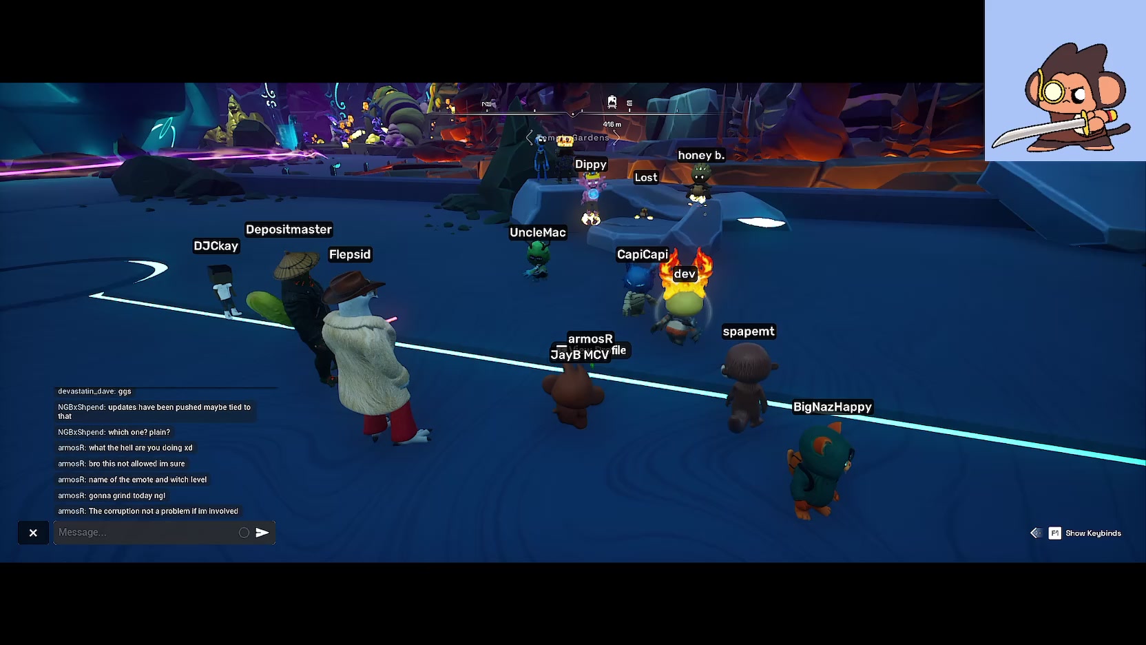 The image shows a group of people playing a video game together. They are standing around each other, with one person holding a controller while others watch or participate in the game. The scene appears to be set in an indoor space, possibly a gaming room or a common area within a building. A computer monitor is visible on the left side of the image, and there's a keyboard located near it.
