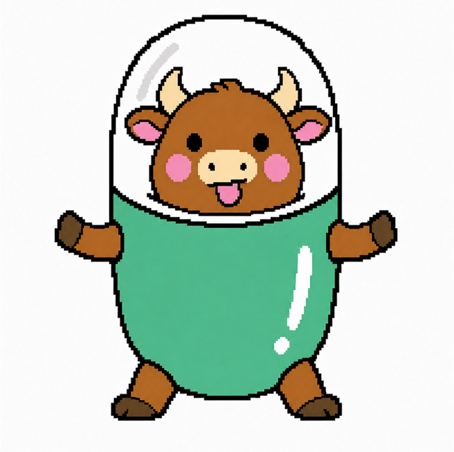 A cute cartoon cow character wearing a transparent dome helmet and a green outfit, smiling with its tongue out against a white background.