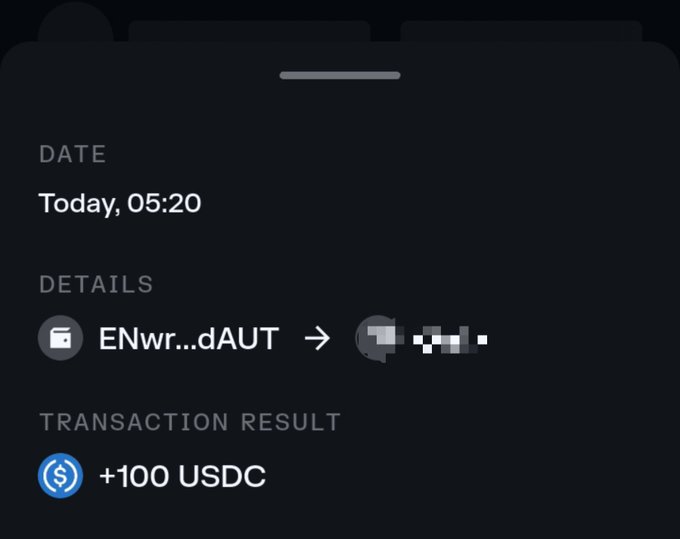 A screenshot of a cryptocurrency transaction notification showing a date of 'Today, 05:20', an obfuscated sender and receiver, and a transaction result of '+100 USDC'.