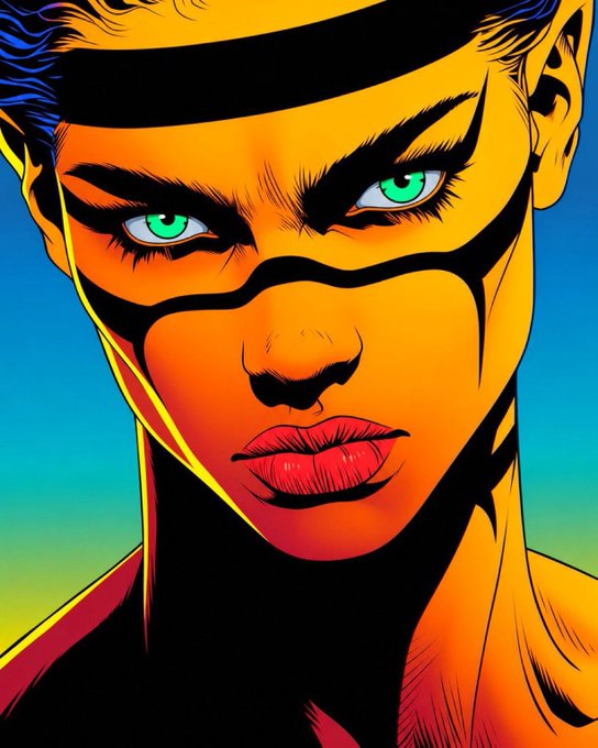 A vibrant comic book-style illustration of a fierce-looking character with a black headband, glowing green eyes, and orange/yellow facial markings against a blue sky background.