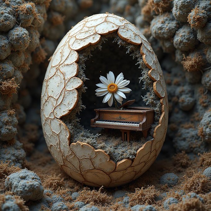 A cracked, weathered eggshell opens to reveal a miniature wooden piano with a single white daisy growing from it, surrounded by mossy rocks.