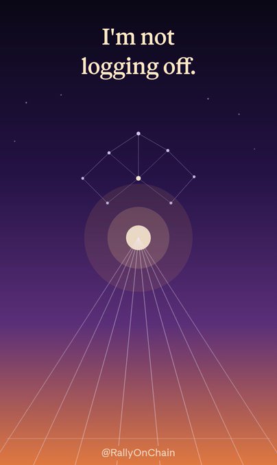 A stylized illustration with a purple-to-orange gradient background showing geometric lines and shapes, with text 'I'm not logging off.' and '@RallyOnChain'.