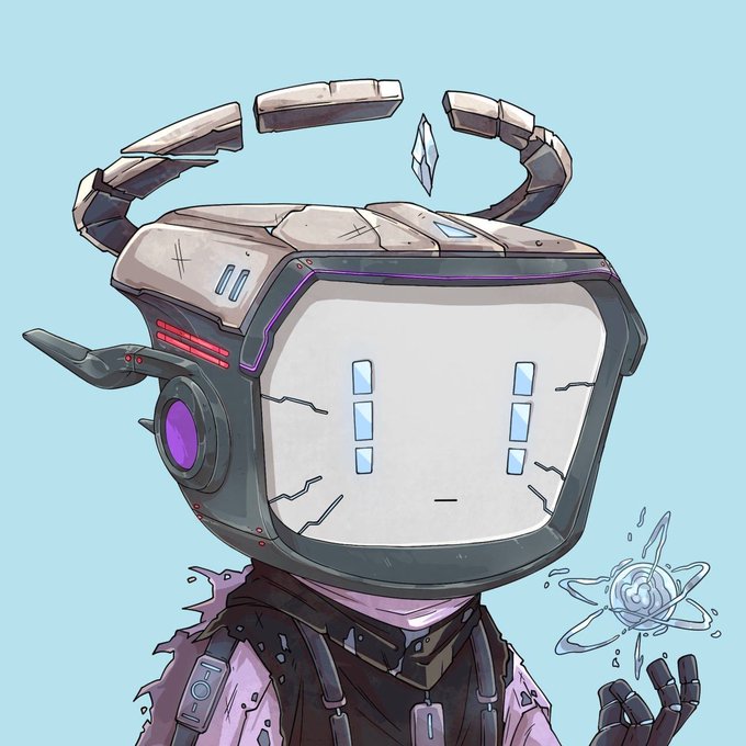 A digital illustration of a robot character with a cracked monitor face, a broken halo, and an atom symbol hovering near its hand, set against a light blue background.