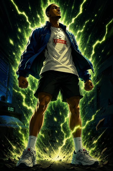 A muscular anime-style character stands triumphantly amid green lightning, wearing a jacket over an "Ethers" branded shirt, shorts, and sneakers, with "6:00" glowing on a digital clock behind him—matching the post's "dev is awake" reference to a 6 AM alert about $ANSEM.