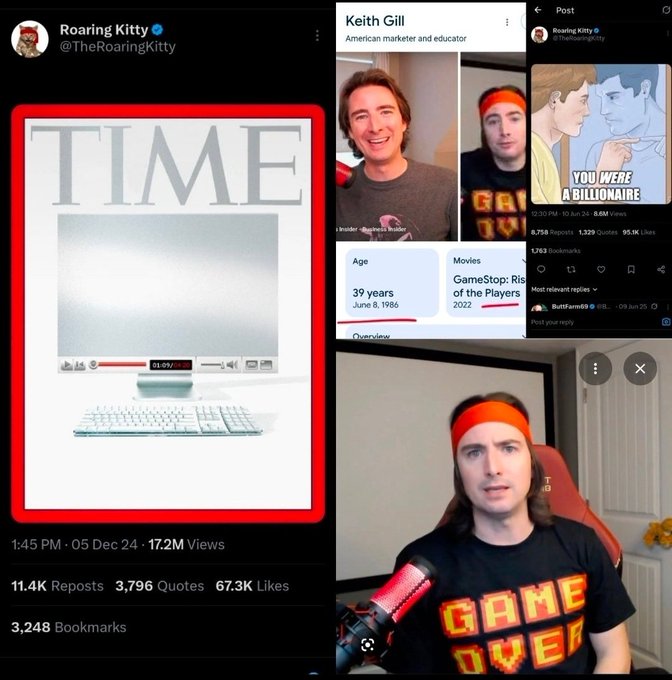 This image shows a screenshot of a @roaringkitty post featuring a TIME magazine cover with a computer on it, dated December 5, 2024. The post is accompanied by information about Keith Gill's age and his "GameStop: Rise of the Players" movie release in 2022.