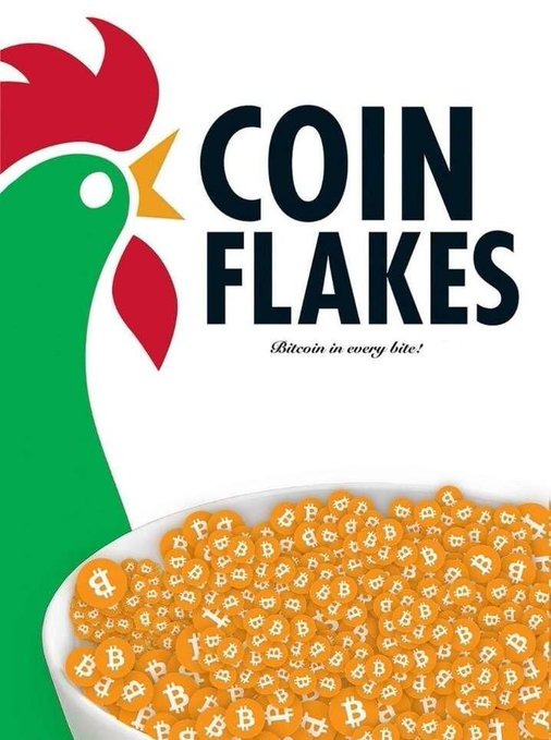 An advertisement for 'COIN FLAKES' cereal with the tagline 'Bitcoin in every bite?' featuring a green rooster logo and a bowl of Bitcoin-branded cornflakes.