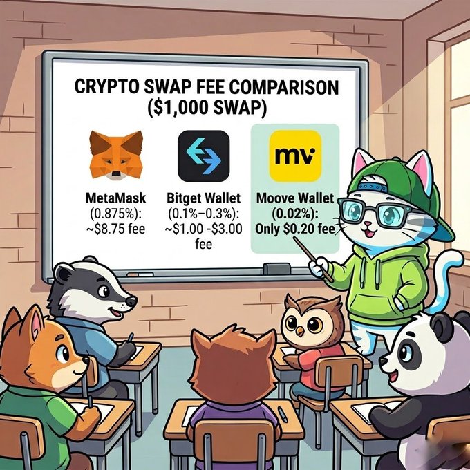 The image shows an animated classroom scene where a teacher is giving a lesson about cryptocurrency and wallets to a group of cartoon animals, including a cat wearing glasses, a fox with ears, a bear, and a raccoon. The teacher is using the example of a $1,000 crypto swap between Bitcoin (0.85%): #1:00 SWAP (#1,000) & Bitget Wallet (#0.88):
"So you save 
$8.55 on a single". Focus on what is in the image and how it relates to the post.