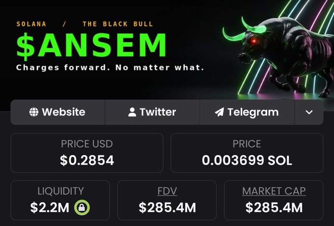 A $ANSEM token ("The Black Bull") on Solana is shown trading at $0.2854 with a $285.4M market cap, supporting the post's message urging holders not to sell their $ANSEM positions.