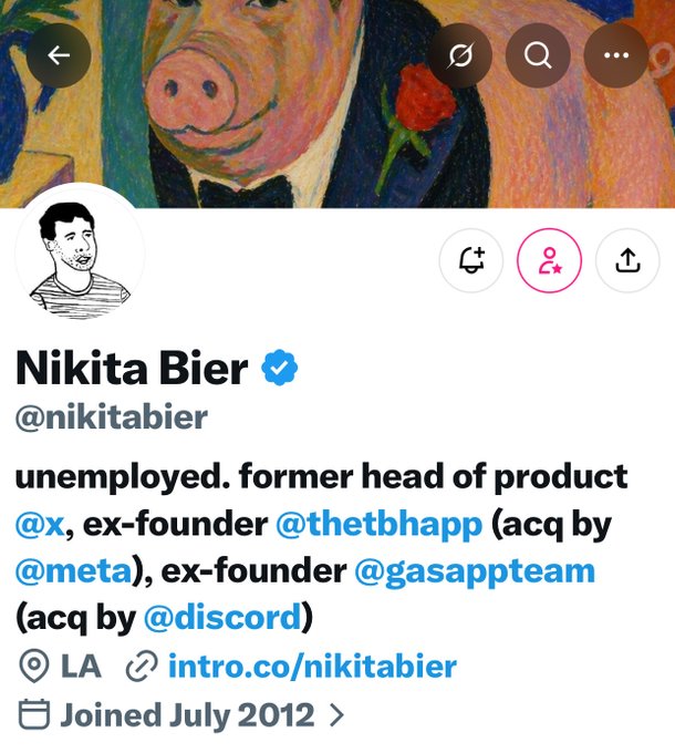A Twitter/X profile for 'Nikita Bier' (@nikitabier) describing himself as 'unemployed. former head of product @x, ex-founder @thethbapp (acq by @meta), ex-founder @gasappteam (acq by @discord)', located in LA.
