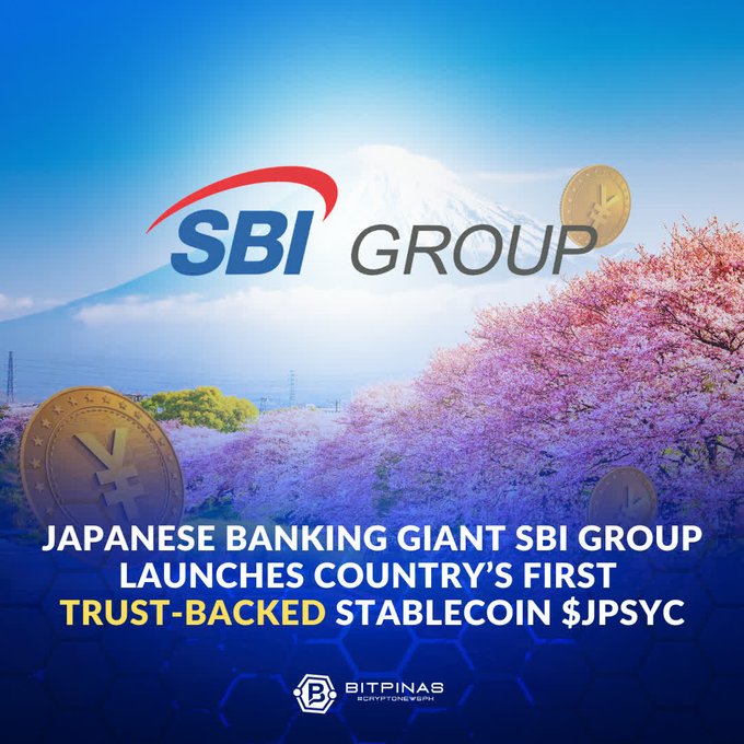 A promotional graphic for SBI Group featuring Mount Fuji and cherry blossoms with the text 'JAPANESE BANKING GIANT SBI GROUP LAUNCHES COUNTRY'S FIRST TRUST-BACKED STABLECOIN $JPSYC' from BitPinas.