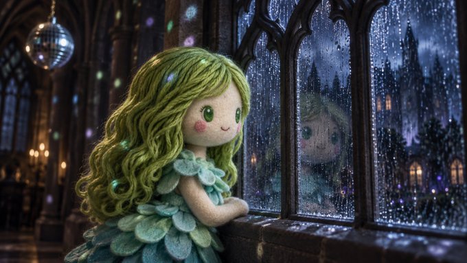 A whimsical, stylized scene shows a cute, yarn-haired doll-like figure looking out a rain-streaked Gothic window at a castle and disco ball, with its reflection visible in the glass.