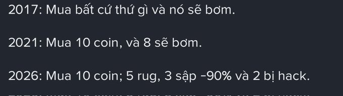 A Vietnamese-language meme text joking about crypto evolution: 2017: Buy anything and it pumps. 2021: Buy 10 coins, 8 will pump. 2026: Buy 10 coins; 5 rug pull, 3 dump -90%, and 2 get hacked.