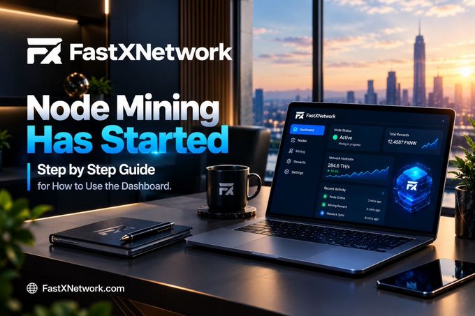 An advertisement for FastXNetwork featuring 'Node Mining Has Started' with a step-by-step guide for using the dashboard.