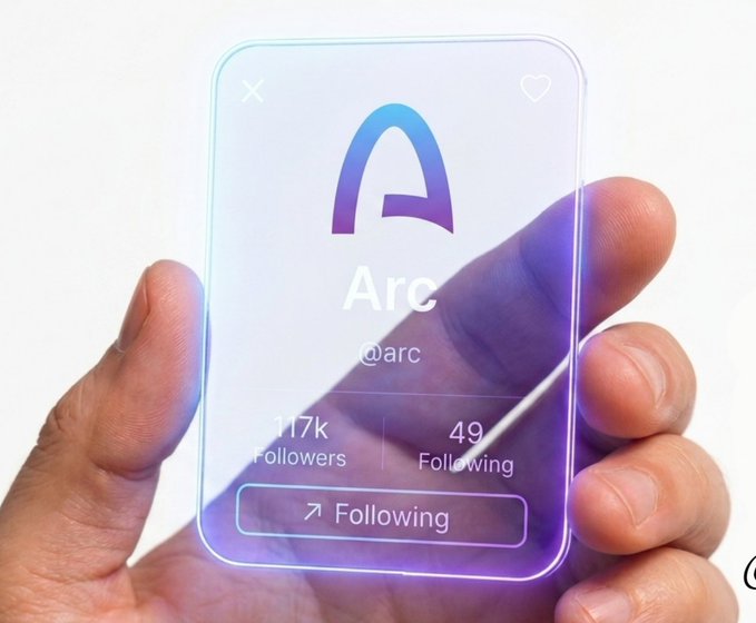 A hand holds a transparent, iridescent card displaying the "Arc" logo with the handle @arc, showing 117k followers and 49 following.