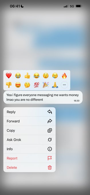 A text message reads, "Yea i figure everyone messaging me wants money lmao you are no different" followed by a menu with options like "Reply," "Forward," and "Delete," illustrating the constant barrage of requests faced by someone in the web3 space.