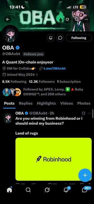 A Twitter/X profile for "OBA" (@OBAxbt), describing themselves as "A Quant|On-chain enjoyoor" with 8.5K following and 12.3K followers, posted a sarcastic message asking followers if they're "winning from Robinhood or i should mind my business" alongside the Robinhood logo, contrasting the platform with the crypto/quant focus suggested by the accompanying Solana address.