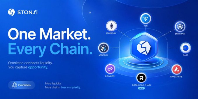A promotional graphic for STON.fi features the text 'One Market. Every Chain.' along with logos for various blockchains including Ethereum, TON, BNB Chain, Arbitrum, Base, Polygon, Avalanche, and Robinhood Chain.