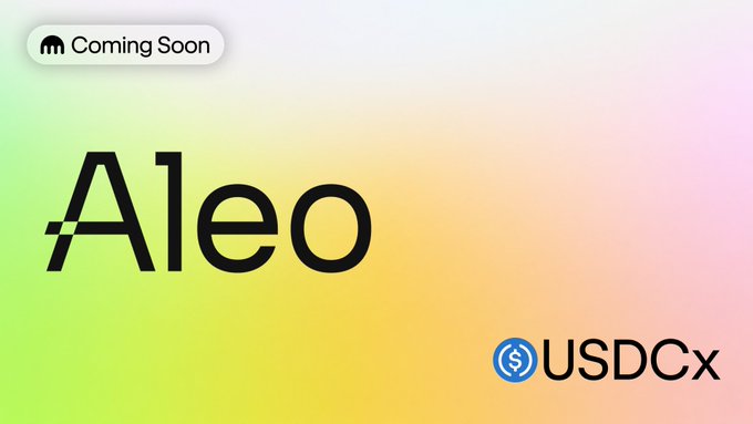 A promotional graphic with a colorful gradient background displaying the 'Aleo' logo and text, with a 'Coming Soon' badge at the top and 'USDCx' in the bottom right corner.