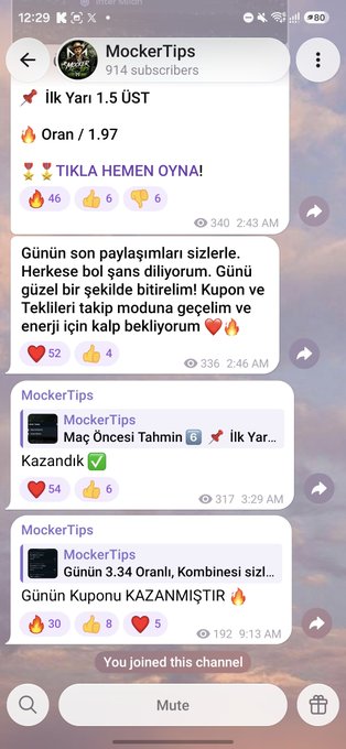 A screenshot of a Telegram channel named 'MockerTips' with 914 subscribers, displaying posts in Turkish about betting predictions ('İlk Yarı 1.5 ÜST', 'Kazandık ✅').